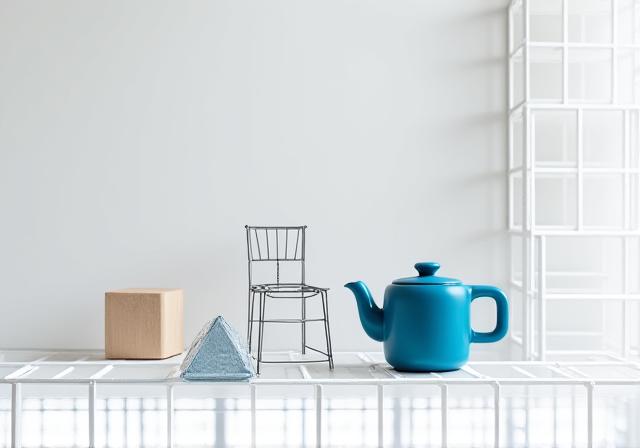 Minimalist Bauhaus design objects arranged on a grid